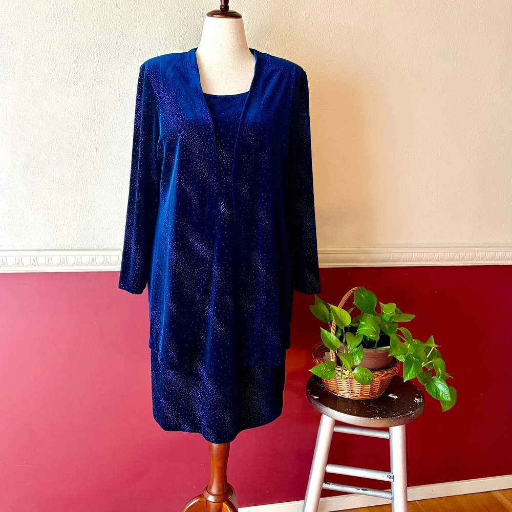 Vintage Teddi Evening Navy Blue Glitter Velvet Dress 14 Draped Cardigan 90s Glam